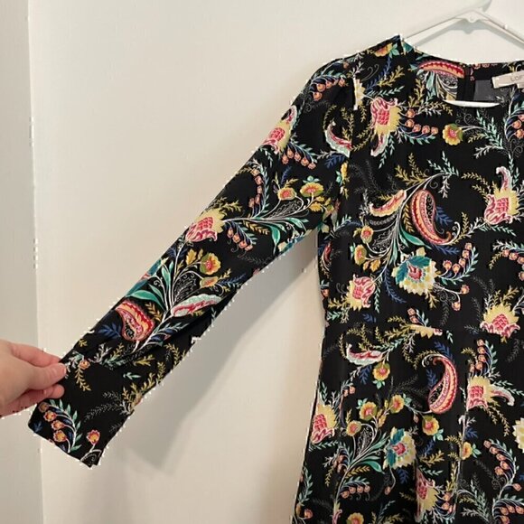 ANN TAYLOR LOFT Floral Flare Dress Black Multi Boho Long Sleeve Fit Flare Dress - Picture 8 of 14